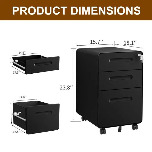 Alt view image 3 of 7 - 3 Drawer Mobile File Cabinet with Lock and 4 Keys | Small Vertical Metal Rolling Filing Cabinet Under Desk for Home Office Organizer Letters/Legal/A4 Hanging File Folders