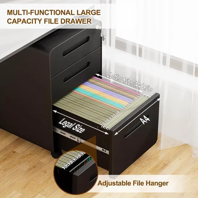 Alt view image 7 of 7 - 3 Drawer Mobile File Cabinet with Lock, 4 Keys and 25 Letter File Folders | Heavy-Duty Steel Rolling Filing Cabinet Pre-Assembled Under Desk for Home Office Letters/Legal/A4 Hanging File Folders