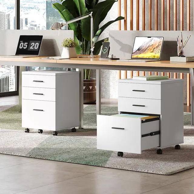 Alt view image 2 of 7 - 3 Drawer File Cabinet, Wood Under Desk Filing Cabinet, White | Rolling Printer Stand, Small Storage Cabinet with Wheels, Fits Legal/Letter/A4 Size, Home Office
