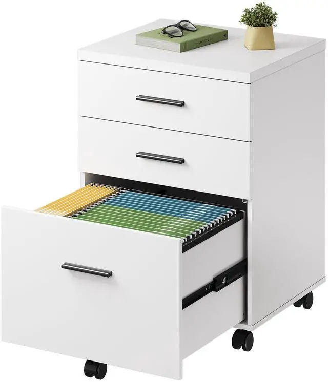 Main image of 3 Drawer File Cabinet, Wood Under Desk Filing Cabinet, White | Rolling Printer Stand, Small Storage Cabinet with Wheels, Fits Legal/Letter/A4 Size, Home Office
