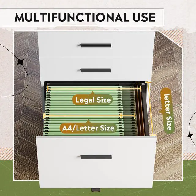 Alt view image 3 of 7 - 3 Drawer File Cabinet, Wood Under Desk Filing Cabinet, White | Rolling Printer Stand, Small Storage Cabinet with Wheels, Fits Legal/Letter/A4 Size, Home Office