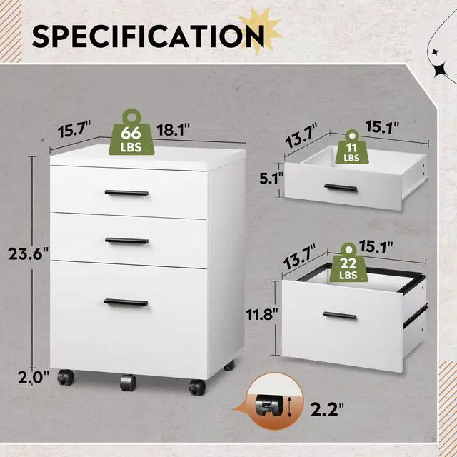 Alt view image 5 of 7 - 3 Drawer File Cabinet, Wood Under Desk Filing Cabinet, White | Rolling Printer Stand, Small Storage Cabinet with Wheels, Fits Legal/Letter/A4 Size, Home Office