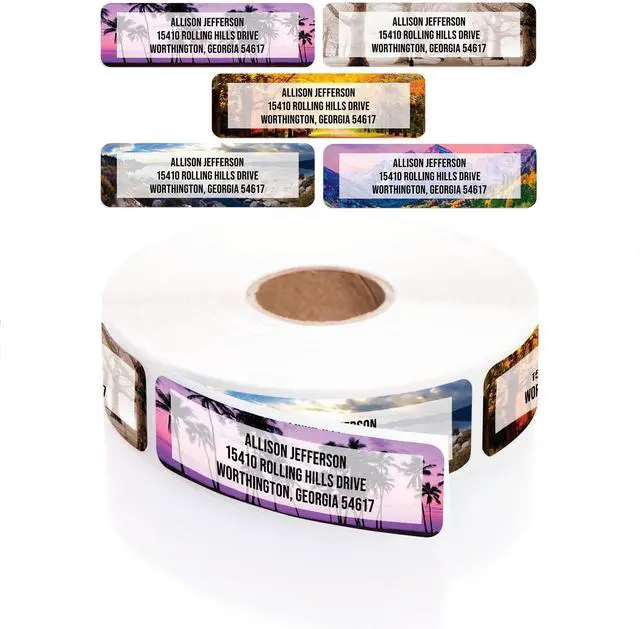 Main image of Breathtaking Landscape Rolled Address Labels / 500 Personalized Return Address Labels/Designer Address Stickers in Elegant Plastic Dispenser