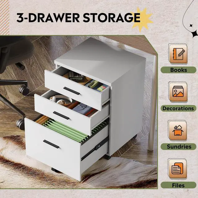 Alt view image 6 of 7 - 3 Drawer File Cabinet, Wood Under Desk Filing Cabinet, White | Rolling Printer Stand, Small Storage Cabinet with Wheels, Fits Legal/Letter/A4 Size, Home Office
