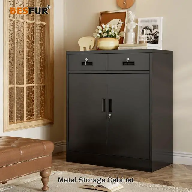 Alt view image 2 of 7 - Metal Storage Cabinet, Garage Storage Cabinet with 2 Drawers and Adjustable Shelf, Locking Short Storage Cabinet for Office Garage Home, Black Metal Cabinets(36" H x 31.5" W x 16" D)
