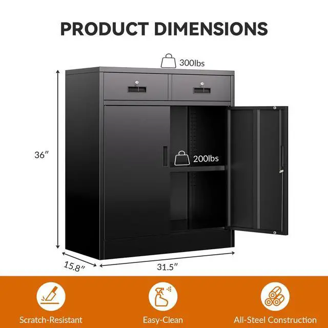 Alt view image 3 of 7 - Metal Storage Cabinet, Garage Storage Cabinet with 2 Drawers and Adjustable Shelf, Locking Short Storage Cabinet for Office Garage Home, Black Metal Cabinets(36" H x 31.5" W x 16" D)