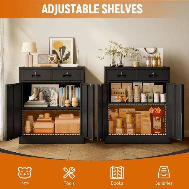 Alt view image 4 of 7 - Metal Storage Cabinet, Garage Storage Cabinet with 2 Drawers and Adjustable Shelf, Locking Short Storage Cabinet for Office Garage Home, Black Metal Cabinets(36" H x 31.5" W x 16" D)
