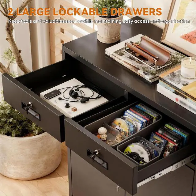 Alt view image 5 of 7 - Metal Storage Cabinet, Garage Storage Cabinet with 2 Drawers and Adjustable Shelf, Locking Short Storage Cabinet for Office Garage Home, Black Metal Cabinets(36" H x 31.5" W x 16" D)