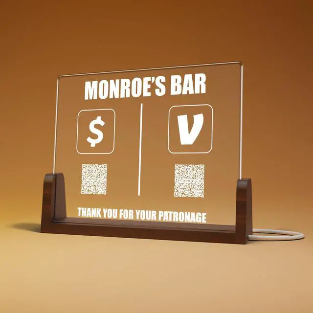 Main image of Personalized Acrylic Business QR Code Sign with Wood Base | Custom Payment and Social Media Tabletop Display | Business Counter Sign with 2 QR Codes Custom Text and Icons | Wide 8x6 Height (BP-C)