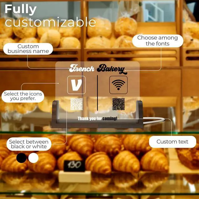 Alt view image 2 of 6 - Personalized Acrylic Business QR Code Sign with Wood Base | Custom Payment and Social Media Tabletop Display | Business Counter Sign with 2 QR Codes Custom Text and Icons | Wide 8x6 Height (BP-C)