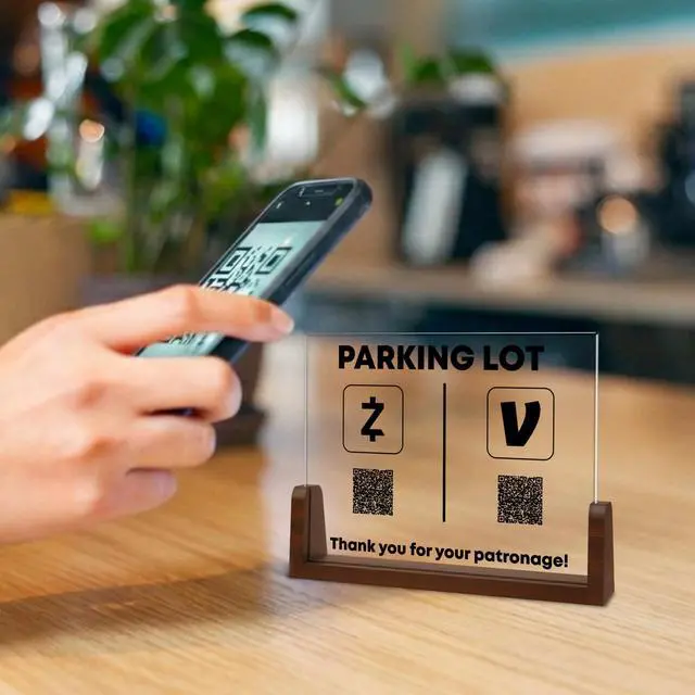 Alt view image 5 of 6 - Personalized Acrylic Business QR Code Sign with Wood Base | Custom Payment and Social Media Tabletop Display | Business Counter Sign with 2 QR Codes Custom Text and Icons | Wide 8x6 Height (BP-C)