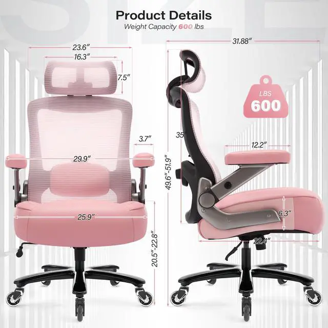 Alt view image 3 of 7 - 600lbs Big and Tall Office Chair, Heavy Duty Executive Computer Desk Chair | 3D Flip Arms, Large Wheels, Ergonomic Design, Extra Wide Seat, Adjustable Lumbar Support&Headrest, Mesh High Back Chair