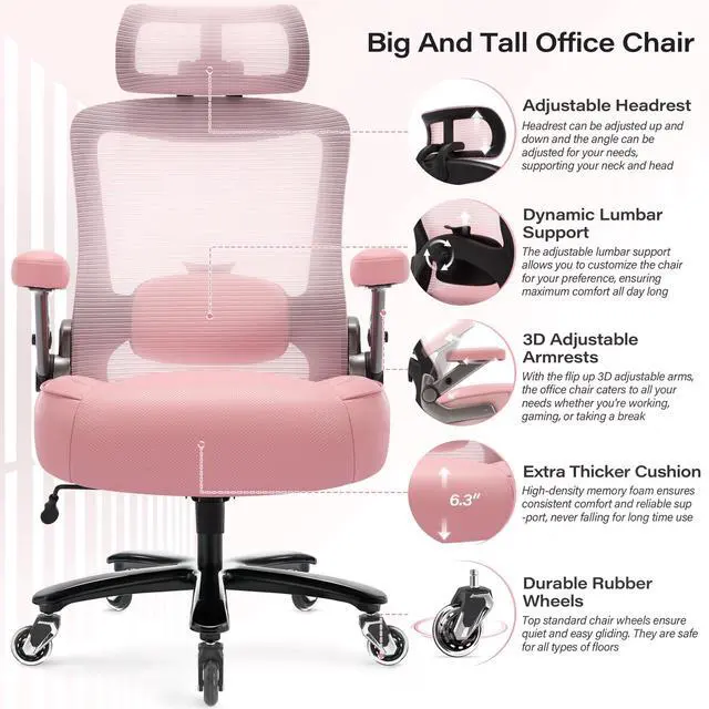 Alt view image 4 of 7 - 600lbs Big and Tall Office Chair, Heavy Duty Executive Computer Desk Chair | 3D Flip Arms, Large Wheels, Ergonomic Design, Extra Wide Seat, Adjustable Lumbar Support&Headrest, Mesh High Back Chair