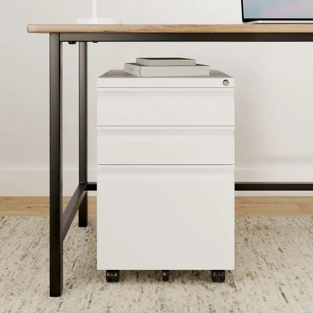 Alt view image 2 of 7 - 3 Drawer File Cabinet with Lock and Wheels, Under Desk Storage Filing Pedestal for Home Office, No Assembly Small Rolling File Cabinet for Legal, Letter, and A4 Files in White