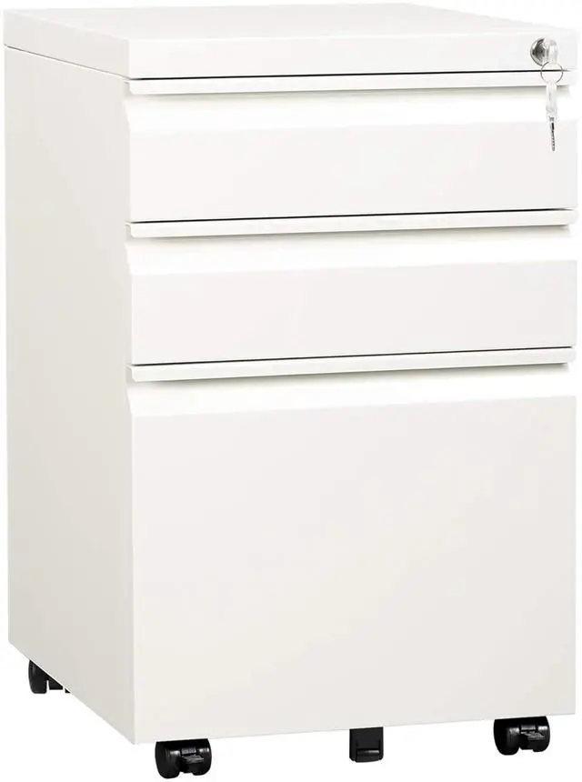 Main image of 3 Drawer File Cabinet with Lock and Wheels, Under Desk Storage Filing Pedestal for Home Office, No Assembly Small Rolling File Cabinet for Legal, Letter, and A4 Files in White