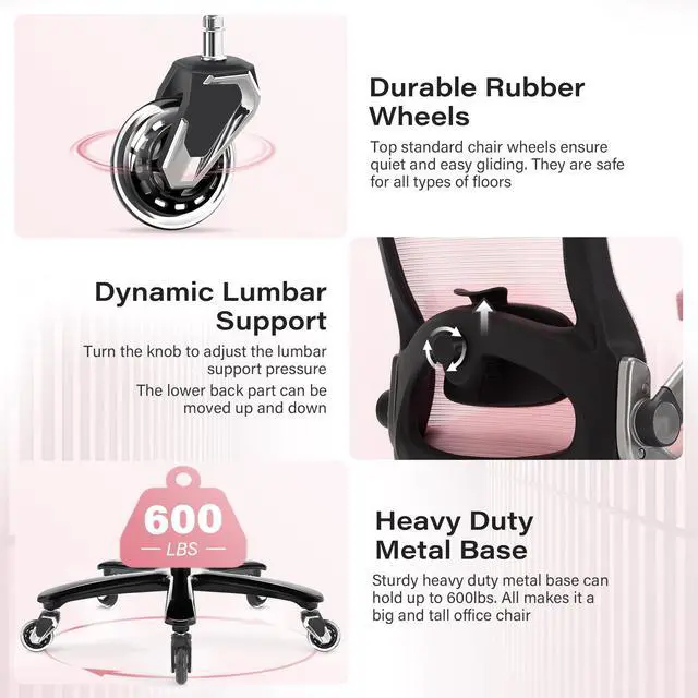 Alt view image 6 of 7 - 600lbs Big and Tall Office Chair, Heavy Duty Executive Computer Desk Chair | 3D Flip Arms, Large Wheels, Ergonomic Design, Extra Wide Seat, Adjustable Lumbar Support&Headrest, Mesh High Back Chair