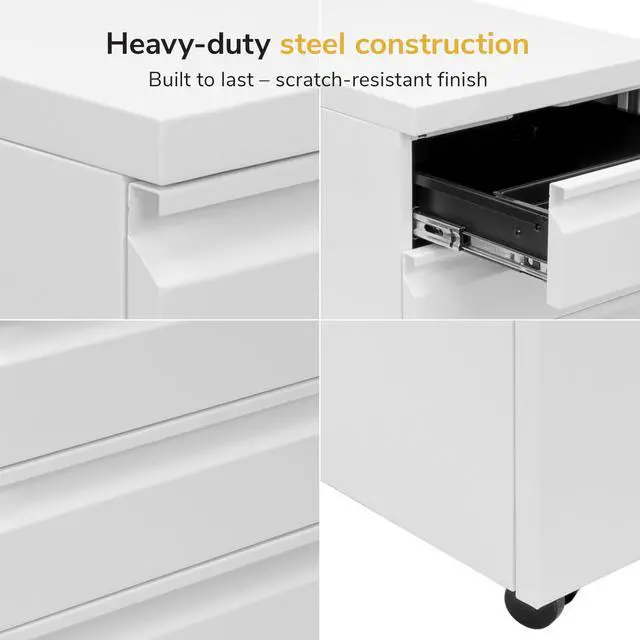Alt view image 4 of 7 - 3 Drawer File Cabinet with Lock and Wheels, Under Desk Storage Filing Pedestal for Home Office, No Assembly Small Rolling File Cabinet for Legal, Letter, and A4 Files in White