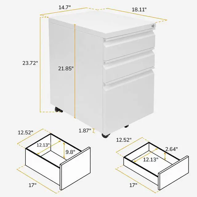 Alt view image 3 of 7 - 3 Drawer File Cabinet with Lock and Wheels, Under Desk Storage Filing Pedestal for Home Office, No Assembly Small Rolling File Cabinet for Legal, Letter, and A4 Files in White