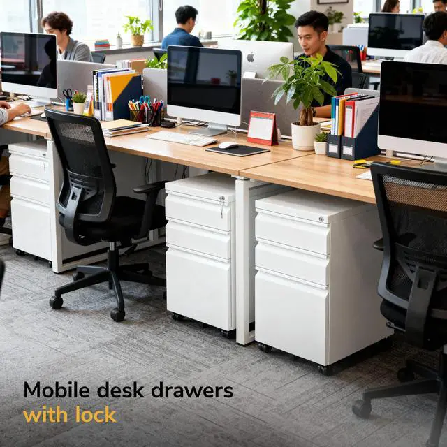 Alt view image 5 of 7 - 3 Drawer File Cabinet with Lock and Wheels, Under Desk Storage Filing Pedestal for Home Office, No Assembly Small Rolling File Cabinet for Legal, Letter, and A4 Files in White