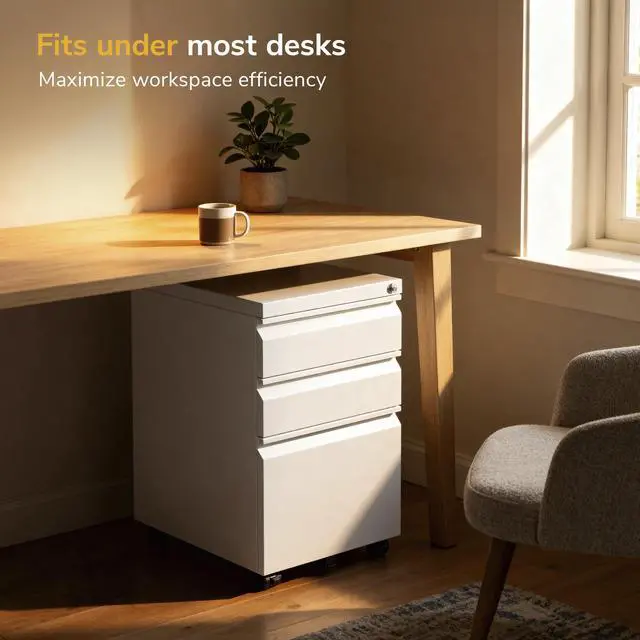Alt view image 7 of 7 - 3 Drawer File Cabinet with Lock and Wheels, Under Desk Storage Filing Pedestal for Home Office, No Assembly Small Rolling File Cabinet for Legal, Letter, and A4 Files in White