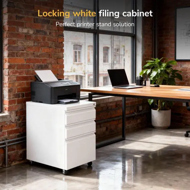 Alt view image 6 of 7 - 3 Drawer File Cabinet with Lock and Wheels, Under Desk Storage Filing Pedestal for Home Office, No Assembly Small Rolling File Cabinet for Legal, Letter, and A4 Files in White