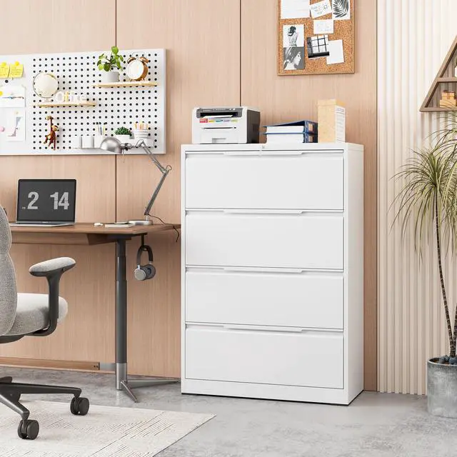 Alt view image 2 of 7 - 4-Drawer Metal File Cabinet with Lock,Steel Printer Stand with Storage for Home Office,Lateral Filing Cabinet for Legal/Letter/A4 Files,Assembly Required(35.43''W-4 Drawers,White)