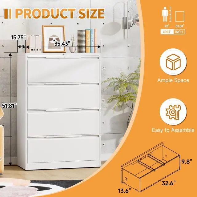 Alt view image 3 of 7 - 4-Drawer Metal File Cabinet with Lock,Steel Printer Stand with Storage for Home Office,Lateral Filing Cabinet for Legal/Letter/A4 Files,Assembly Required(35.43''W-4 Drawers,White)