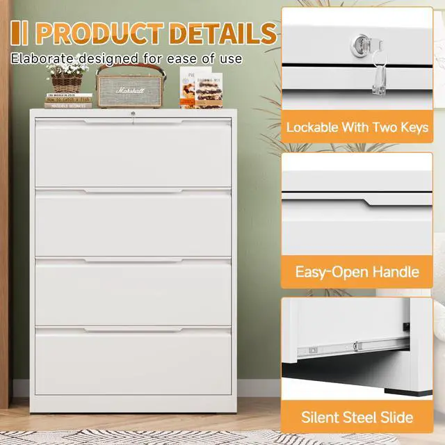 Alt view image 5 of 7 - 4-Drawer Metal File Cabinet with Lock,Steel Printer Stand with Storage for Home Office,Lateral Filing Cabinet for Legal/Letter/A4 Files,Assembly Required(35.43''W-4 Drawers,White)