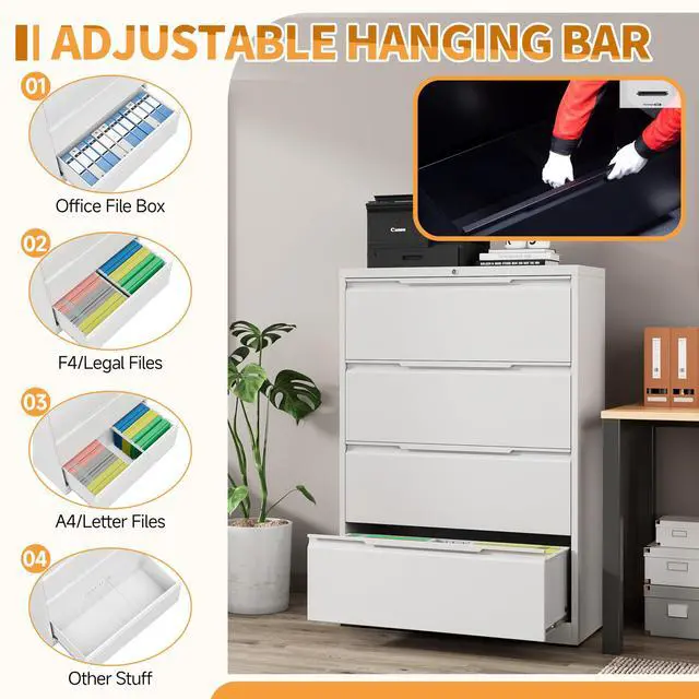 Alt view image 4 of 7 - 4-Drawer Metal File Cabinet with Lock,Steel Printer Stand with Storage for Home Office,Lateral Filing Cabinet for Legal/Letter/A4 Files,Assembly Required(35.43''W-4 Drawers,White)