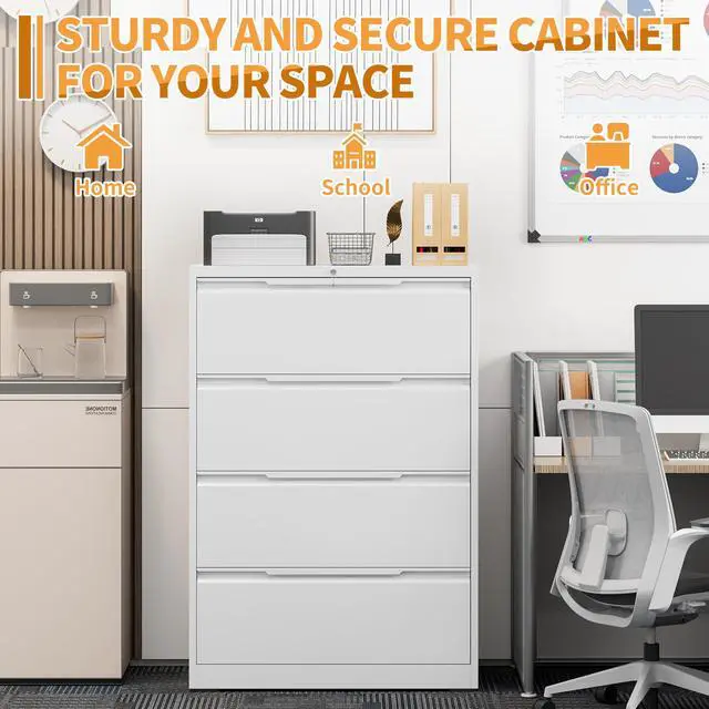Alt view image 7 of 7 - 4-Drawer Metal File Cabinet with Lock,Steel Printer Stand with Storage for Home Office,Lateral Filing Cabinet for Legal/Letter/A4 Files,Assembly Required(35.43''W-4 Drawers,White)