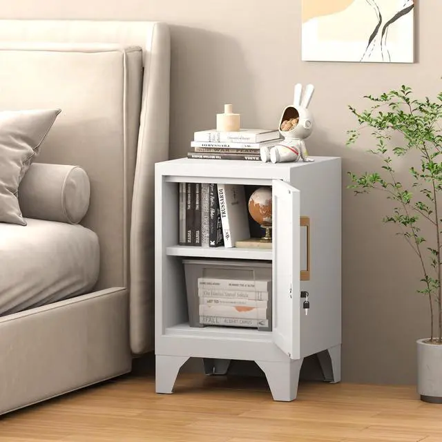 Alt view image 2 of 7 - 23.6" H White Metal Locker Nightstand with 1 Lockable Door and 1 Adjustable Shelf, Small Storage Cabinet with Detachable Legs and Vintage Handle for Home Office,Living Room or Bedroom,Easy Assembly