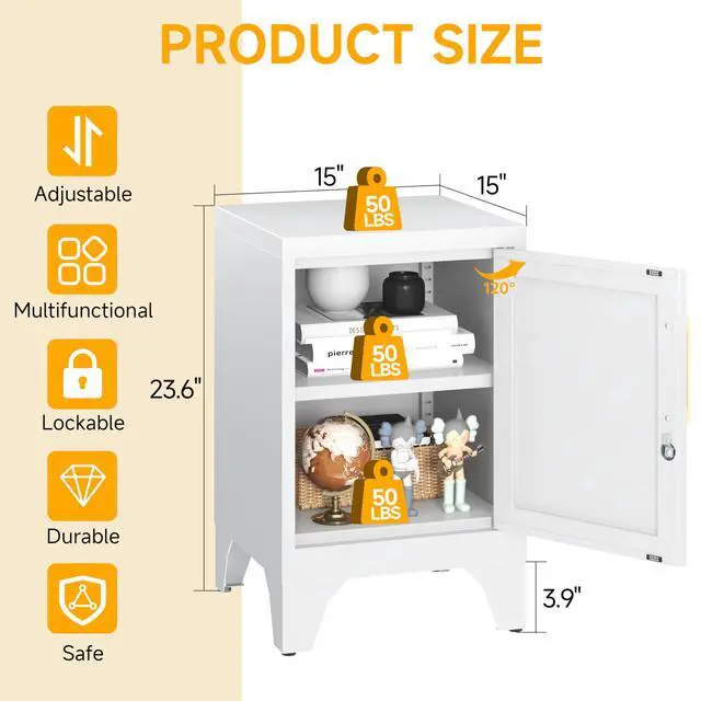 Alt view image 3 of 7 - 23.6" H White Metal Locker Nightstand with 1 Lockable Door and 1 Adjustable Shelf, Small Storage Cabinet with Detachable Legs and Vintage Handle for Home Office,Living Room or Bedroom,Easy Assembly
