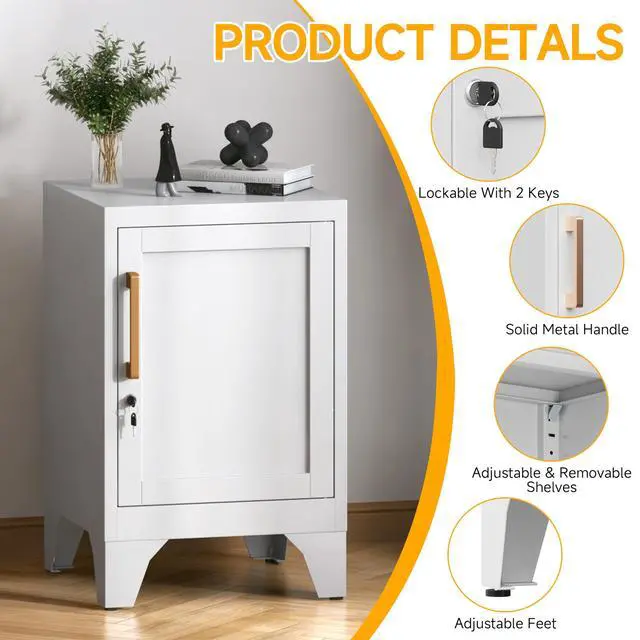 Alt view image 4 of 7 - 23.6" H White Metal Locker Nightstand with 1 Lockable Door and 1 Adjustable Shelf, Small Storage Cabinet with Detachable Legs and Vintage Handle for Home Office,Living Room or Bedroom,Easy Assembly