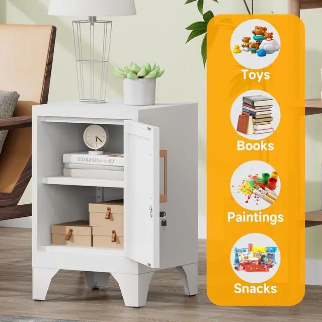 Alt view image 6 of 7 - 23.6" H White Metal Locker Nightstand with 1 Lockable Door and 1 Adjustable Shelf, Small Storage Cabinet with Detachable Legs and Vintage Handle for Home Office,Living Room or Bedroom,Easy Assembly
