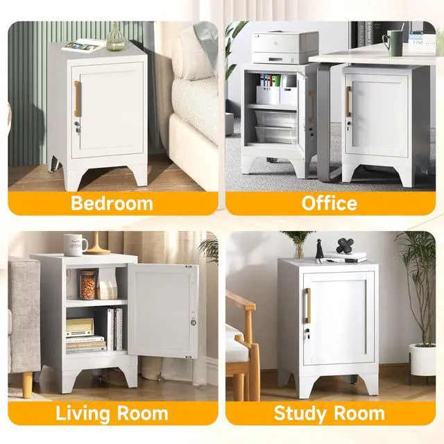 Alt view image 7 of 7 - 23.6" H White Metal Locker Nightstand with 1 Lockable Door and 1 Adjustable Shelf, Small Storage Cabinet with Detachable Legs and Vintage Handle for Home Office,Living Room or Bedroom,Easy Assembly