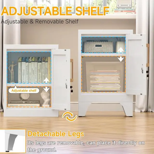Alt view image 5 of 7 - 23.6" H White Metal Locker Nightstand with 1 Lockable Door and 1 Adjustable Shelf, Small Storage Cabinet with Detachable Legs and Vintage Handle for Home Office,Living Room or Bedroom,Easy Assembly