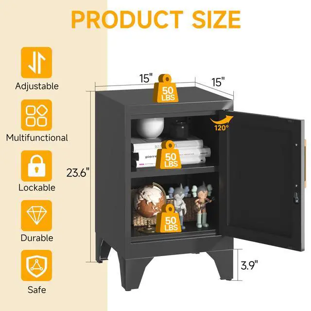 Alt view image 3 of 7 - 23.6" H Metal Locker Nightstand Set of 2,Black Locking Night Stand with Door and Adjustable Shelf, Small Side Table with Detachable Legs for Home Office,Living Room or Bedroom,Easy Assembly