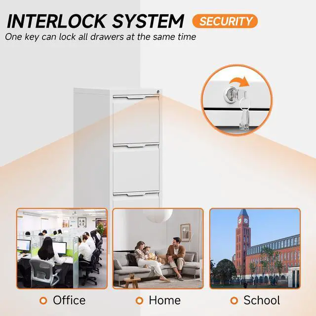 Alt view image 6 of 6 - 3 Drawer Vertical File Cabinet with Lock, Metal Filing Cabinet for Home Office, Locking File Cabinet for A4/F4/Legal/Letter, Assembly Required (White, 3 Drawer)