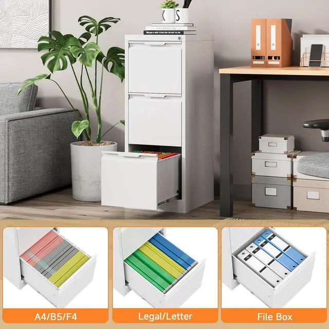 Alt view image 5 of 6 - 3 Drawer Vertical File Cabinet with Lock, Metal Filing Cabinet for Home Office, Locking File Cabinet for A4/F4/Legal/Letter, Assembly Required (White, 3 Drawer)