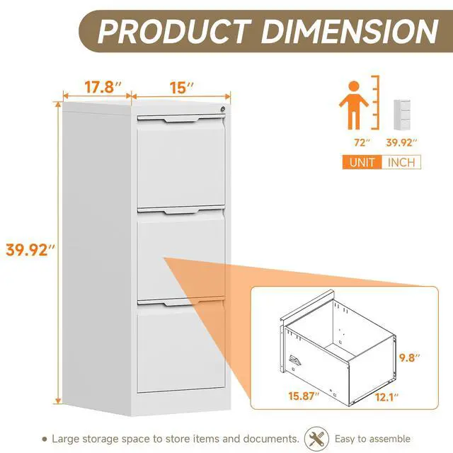 Alt view image 3 of 6 - 3 Drawer Vertical File Cabinet with Lock, Metal Filing Cabinet for Home Office, Locking File Cabinet for A4/F4/Legal/Letter, Assembly Required (White, 3 Drawer)