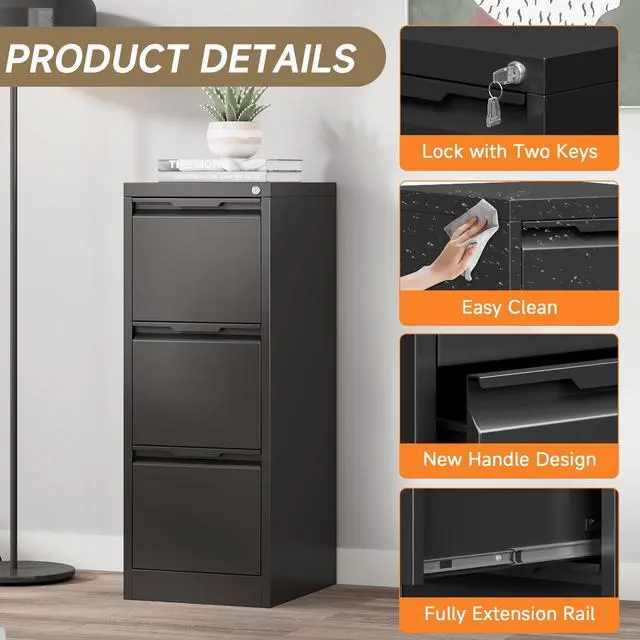 Alt view image 4 of 6 - 3 Drawer Vertical File Cabinet with Lock, Metal Filing Cabinet for Home Office, Locking File Cabinet for A4/F4/Legal/Letter, Assembly Required (Black, 3 Drawer)