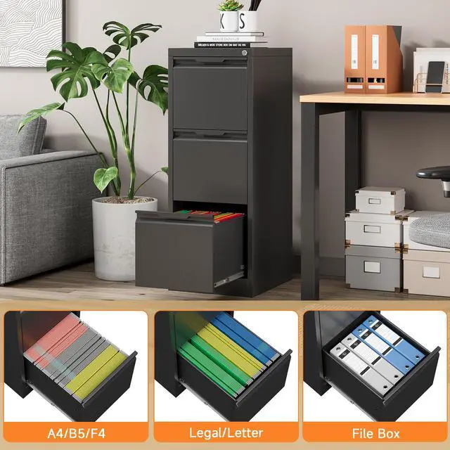 Alt view image 5 of 6 - 3 Drawer Vertical File Cabinet with Lock, Metal Filing Cabinet for Home Office, Locking File Cabinet for A4/F4/Legal/Letter, Assembly Required (Black, 3 Drawer)