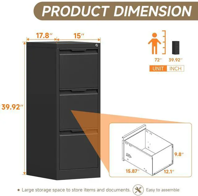 Alt view image 3 of 6 - 3 Drawer Vertical File Cabinet with Lock, Metal Filing Cabinet for Home Office, Locking File Cabinet for A4/F4/Legal/Letter, Assembly Required (Black, 3 Drawer)