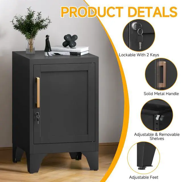 Alt view image 4 of 7 - 23.6" H Metal Locker Nightstand Set of 2,Black Locking Night Stand with Door and Adjustable Shelf, Small Side Table with Detachable Legs for Home Office,Living Room or Bedroom,Easy Assembly