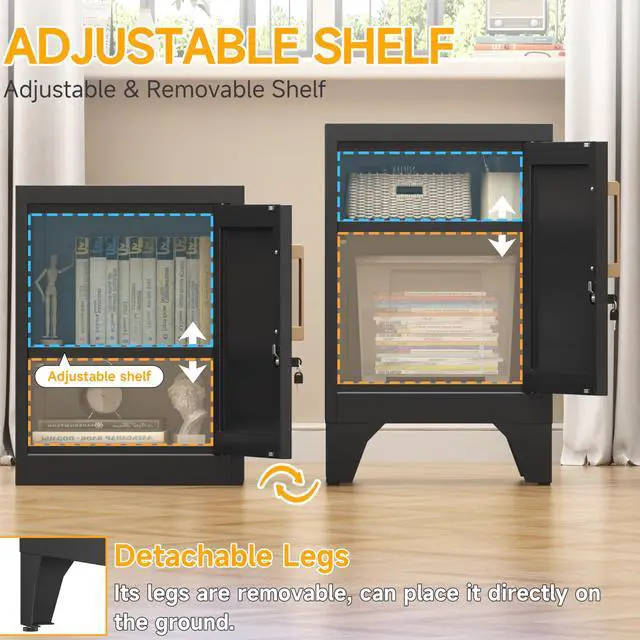 Alt view image 5 of 7 - 23.6" H Metal Locker Nightstand Set of 2,Black Locking Night Stand with Door and Adjustable Shelf, Small Side Table with Detachable Legs for Home Office,Living Room or Bedroom,Easy Assembly