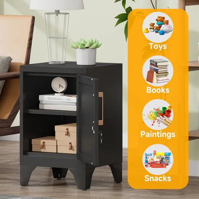 Alt view image 6 of 7 - 23.6" H Metal Locker Nightstand Set of 2,Black Locking Night Stand with Door and Adjustable Shelf, Small Side Table with Detachable Legs for Home Office,Living Room or Bedroom,Easy Assembly