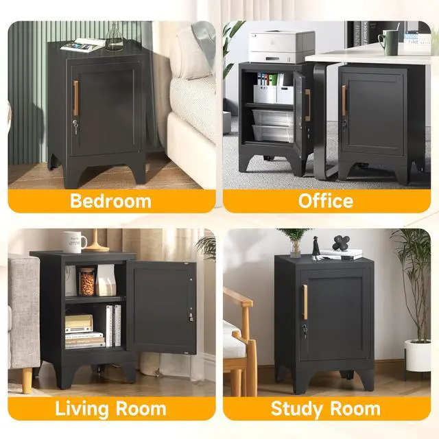 Alt view image 7 of 7 - 23.6" H Metal Locker Nightstand Set of 2,Black Locking Night Stand with Door and Adjustable Shelf, Small Side Table with Detachable Legs for Home Office,Living Room or Bedroom,Easy Assembly