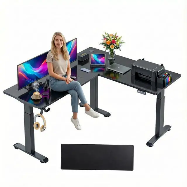 Main image of 63x55 L Standing Adjustable Desk with 39x18 Mouse Pad, Black | Adjustable Height L Shaped Home Office Gaming Writing Studying Computer Workstation with Hooks