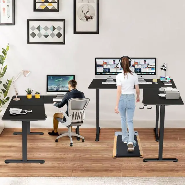Alt view image 4 of 7 - 63x55 L Standing Adjustable Desk with 39x18 Mouse Pad, Black | Adjustable Height L Shaped Home Office Gaming Writing Studying Computer Workstation with Hooks