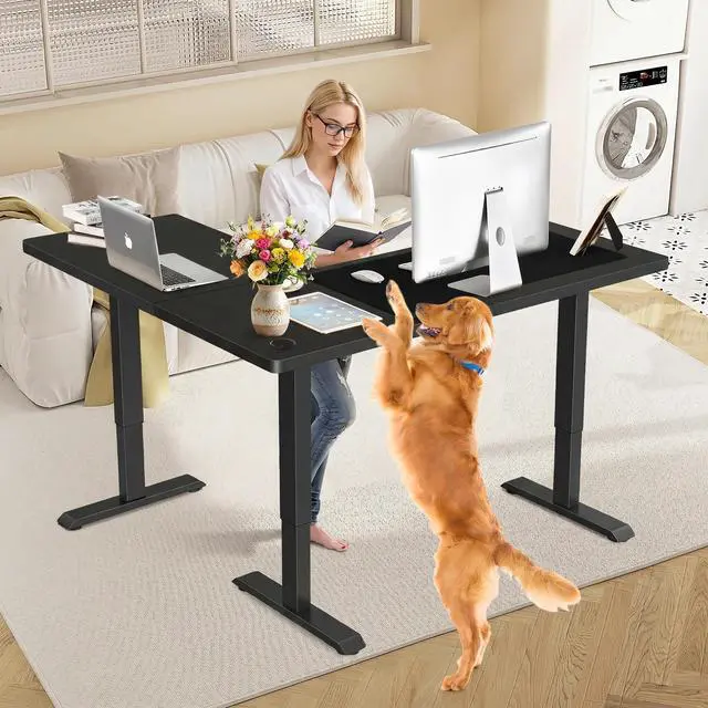 Alt view image 6 of 7 - 63x55 L Standing Adjustable Desk with 39x18 Mouse Pad, Black | Adjustable Height L Shaped Home Office Gaming Writing Studying Computer Workstation with Hooks